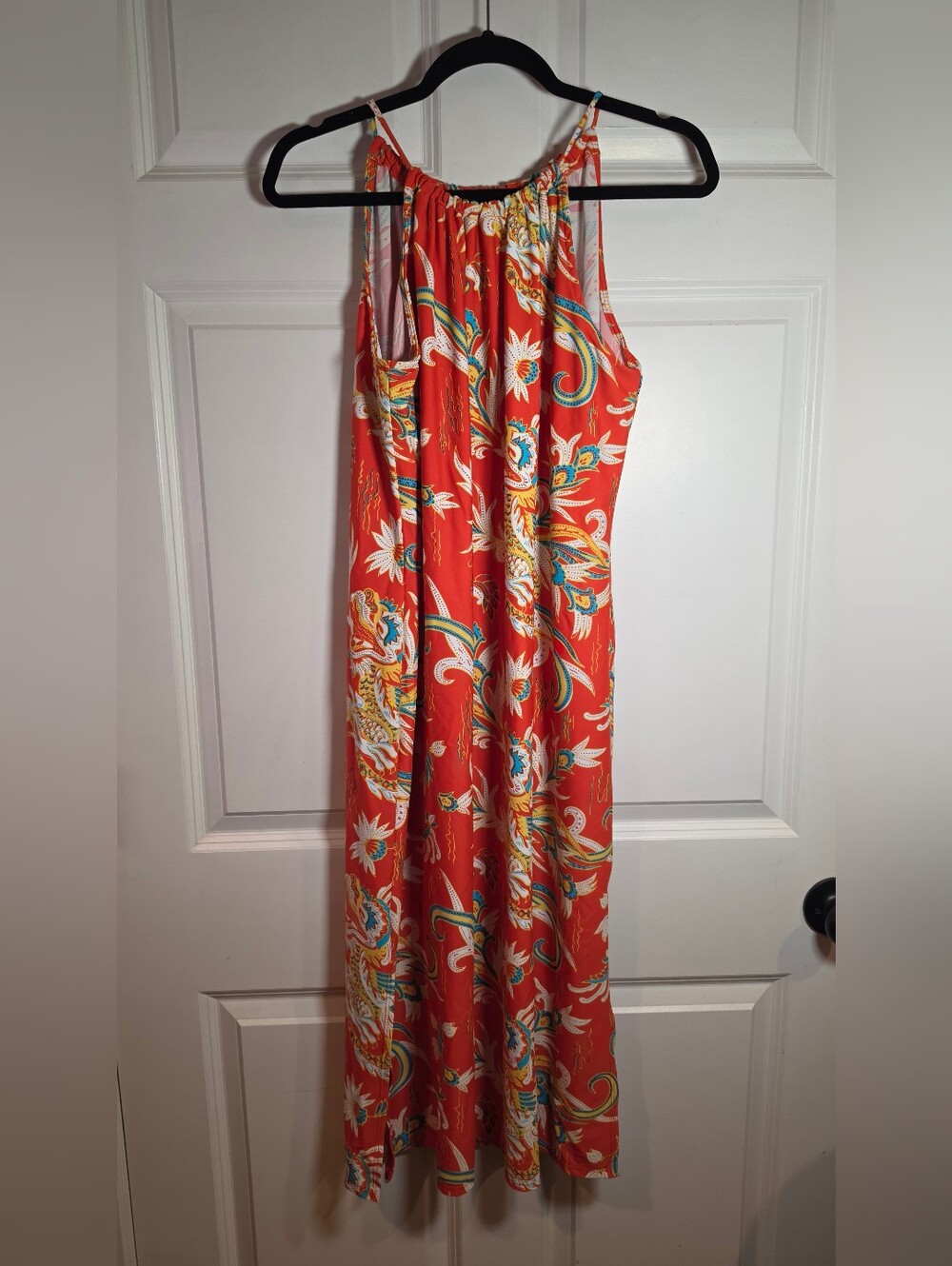 Jude Connally Stretchy Red Paisley Patterened Halter Midi Dress Nylon Spandex L